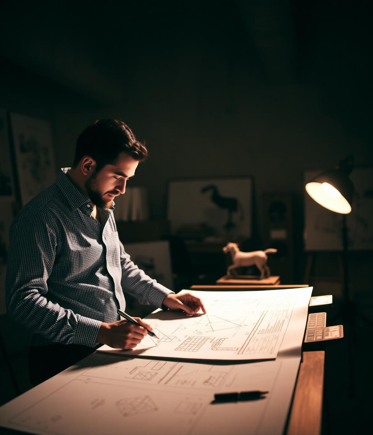 Architect drawing plans at a London studio drawing board