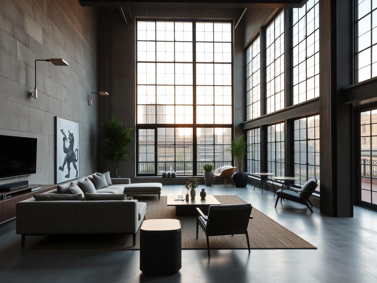 Industrial warehouse conversion living room in Hackney London