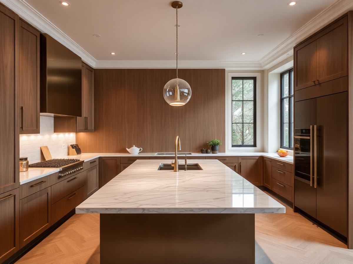 Walnut and marble kitchen interior design in Shoreditch London